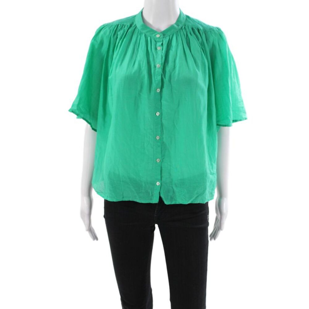 Xirena Womens Collared Short Sleeve Basic Blouse Green Cotton Size XS